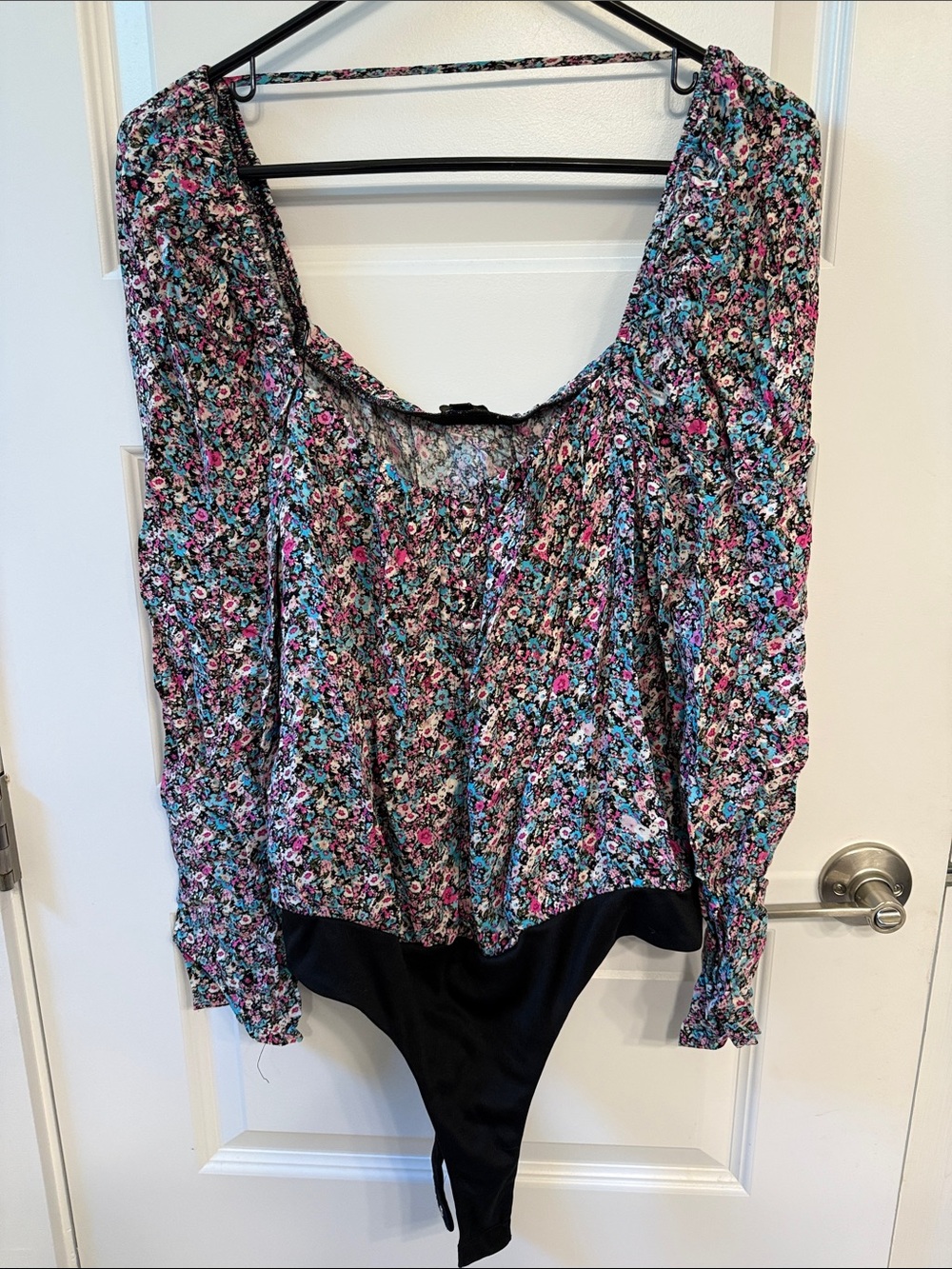 AFRM Floral Scoop-Neck Long Sleeve Bodysuit in Black, Pink, Teal